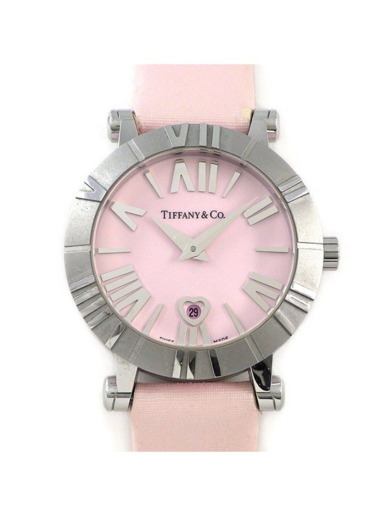 Tiffany  Co Watch Atlas Heart Date Roman Index Pink Dial Ss Ceramic Satin